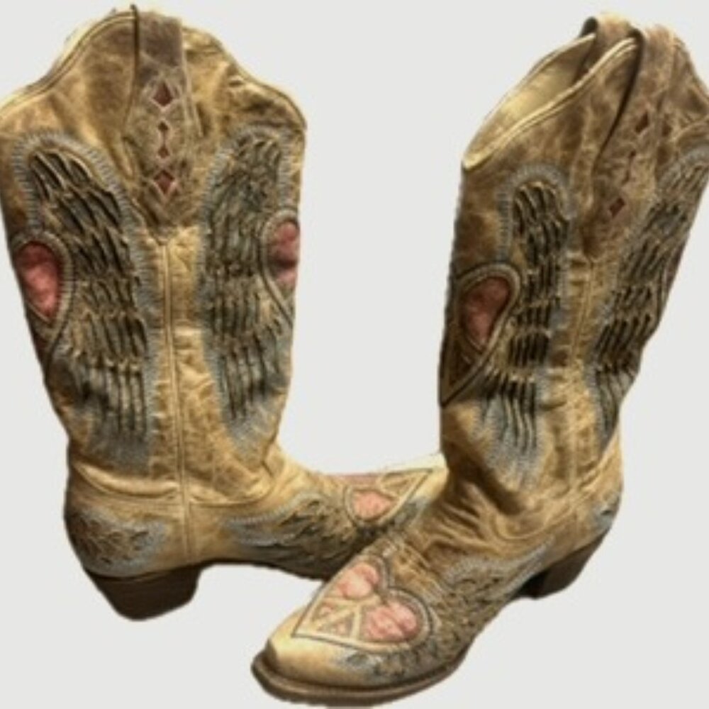 CORRAL Women's BOOT WITH HEART PEACE SIGN Antique Saddle/Blue Heart Leather Boot